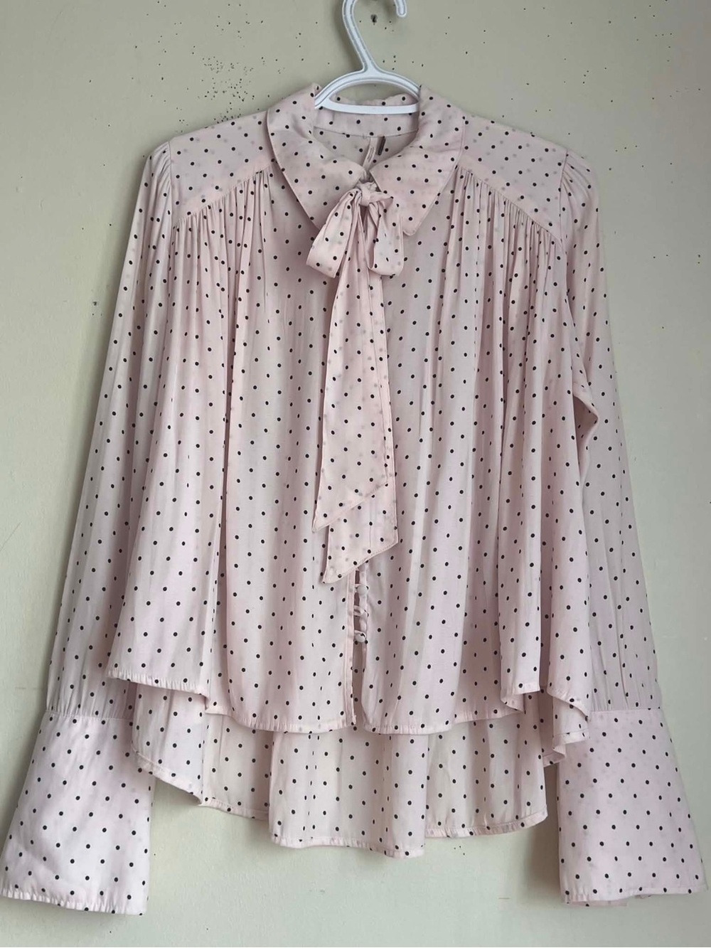 Free People Blush Pink Polka Dot Tie-Neck Top